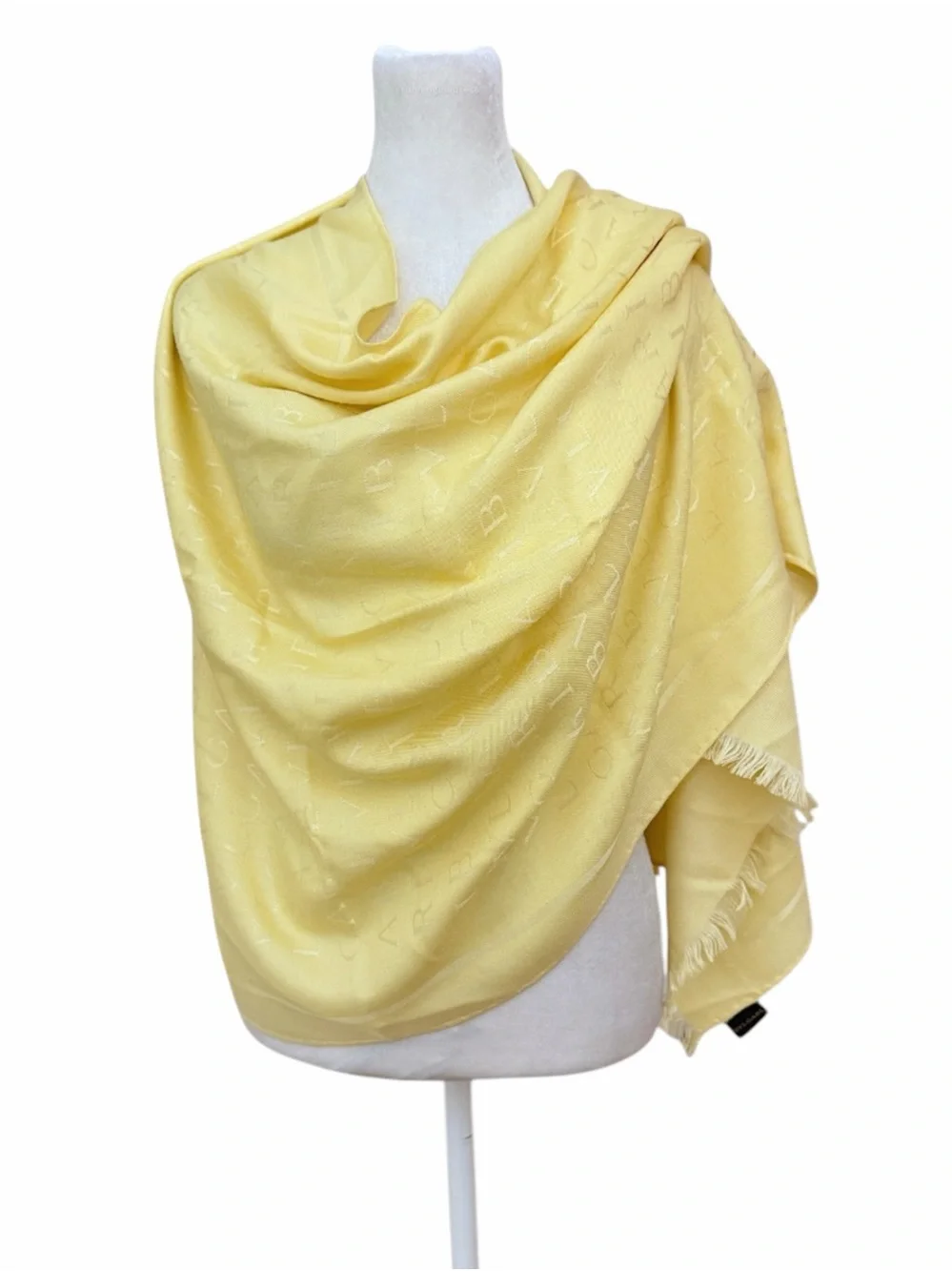 BVLGARI Logomania Silk Wool Maxi Stole Scarf Pale Yellow Buttercream Italy 71x28